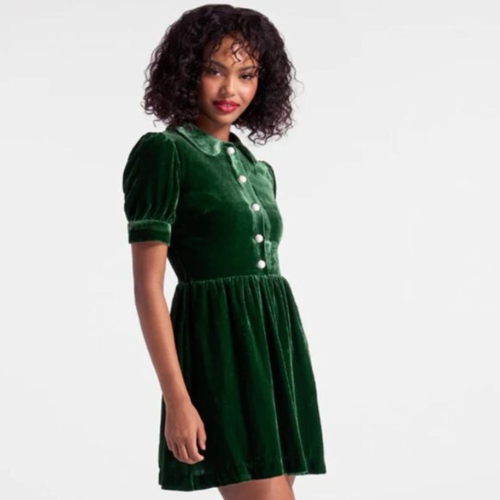 ModCloth Women's Velvet Green Retro Pearl Button Peter Pan Collar Dress- Size 4